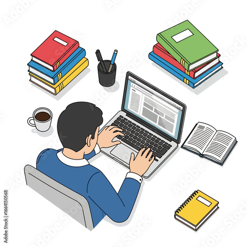 Isometric illustration Person working diligently on laptop at desk, surrounded by books and coffee. Captures focused online learning, remote work, and dedicated study