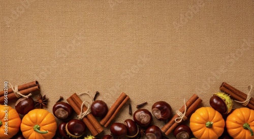 Thanksgiving Wallpaper with Copy Space Autumnal Pumpkins, Chestnuts, and Cinnamon