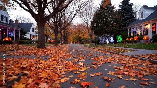 A low-angle view of a suburban street covered in a thick carpet of colorful autumn leaves with houses decorated for Halloween at twilight