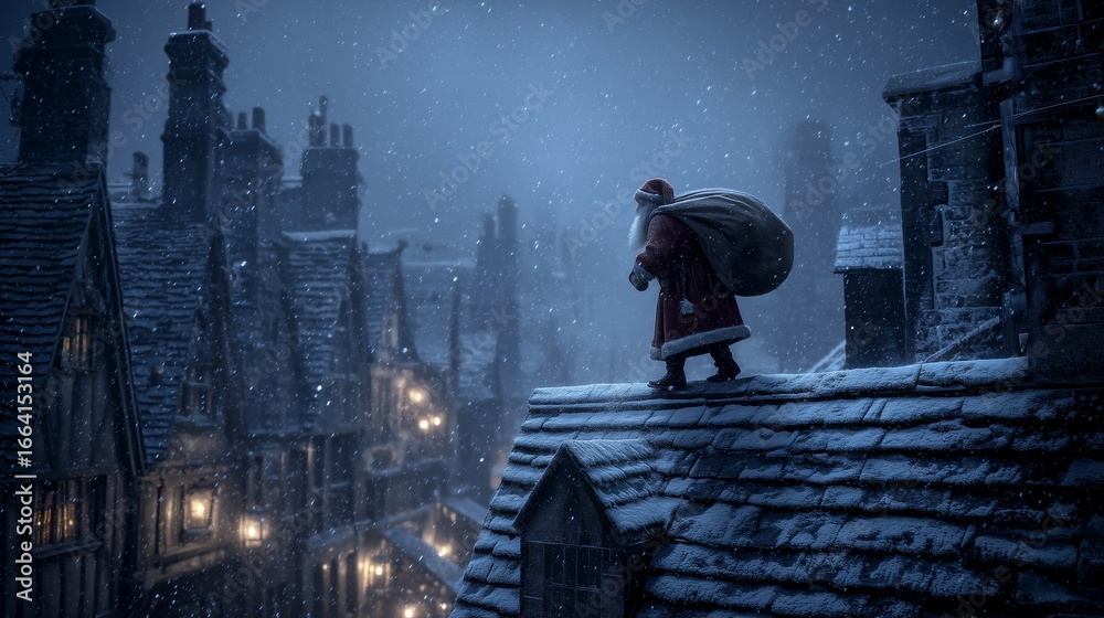 Obraz premium Christmas spirit captured as Santa delivers gifts on a snowy rooftop in a quaint village during the festive season