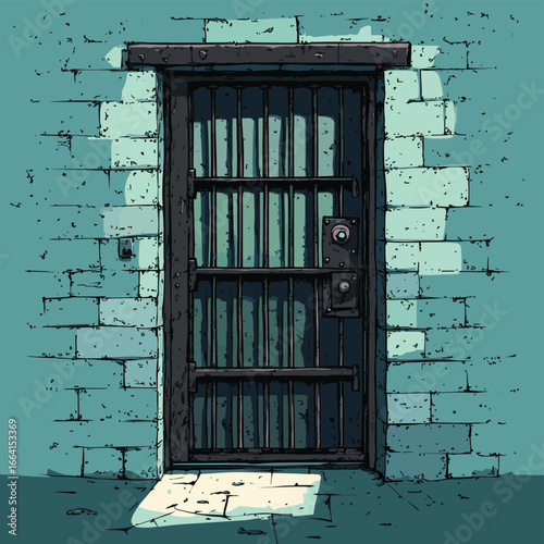 Cartoon vector doodle drawing illustration of prison or jail door made from iron bars casting shadow