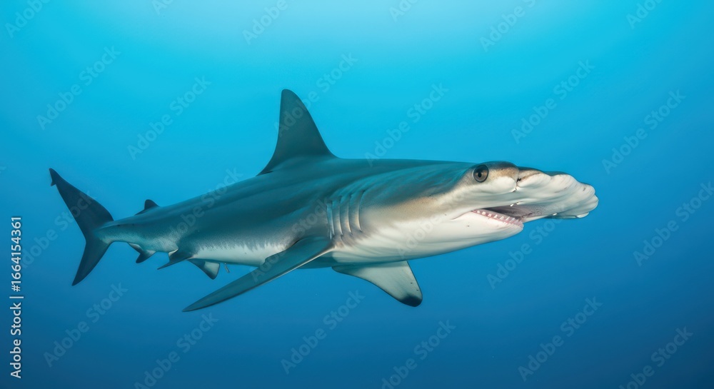 Fototapeta premium Graceful Hammerhead Shark Glides Through Azure Waters, Teeth Bared in a Glimpse of the Deep