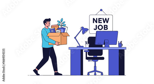 A young man carries a box of personal belongings leaving his old office for a new exciting career opportunity