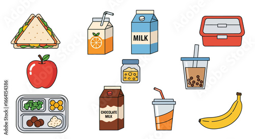 Food and Drink Vector Illustration Set with Lunchbox Apple Sandwich Milk and Bubble Tea in Minimalist Style and Bright Colors