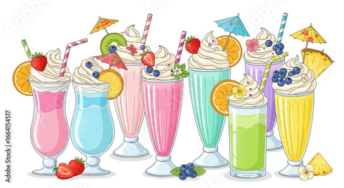 Colorful Fruit Milkshake Vector Illustration with Whipped Cream and Tropical Elements in Modern Style