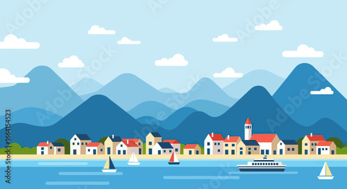 Landscape Vector Illustration with Coastal Village Boats and Mountain Background in Minimalist Style with Blue and Red Colors
