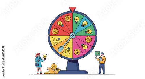 Spinning wheel of fortune with people and money ideas for business and opportunity concept
