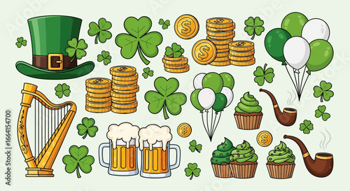 Illustration Vector Set with Irish Symbols Shamrocks Coins Beer Cupcakes and Balloons in Green and Gold Colors