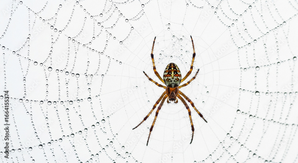 Obraz premium A close-up view of a spider resting in the center of its dew-covered web.