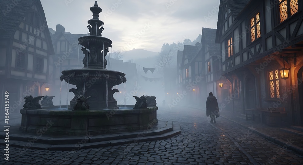 Fototapeta premium Misty medieval town square