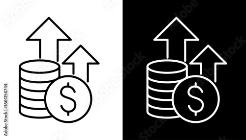 Vector graphic icon illustration of stacked coins with upward arrows indicating financial growth and profitability