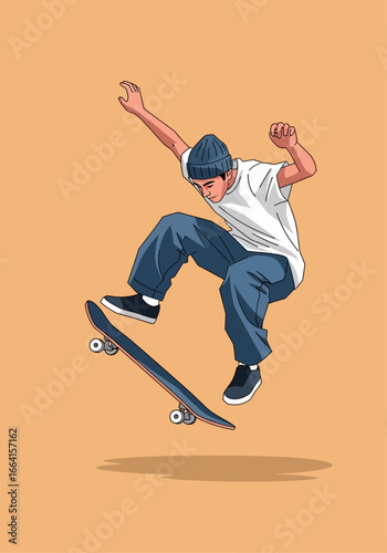 Skater executing a stylish ollie mid-air, dynamic pose, illustration.