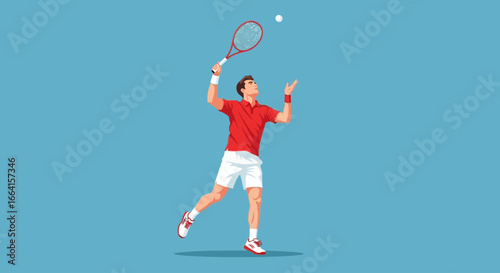 A tennis player in red shirt and white shorts serving the ball with a racket.