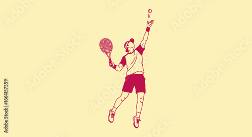 A tennis player preparing to serve, tossing the ball upwards with racket raised, ready to hit.