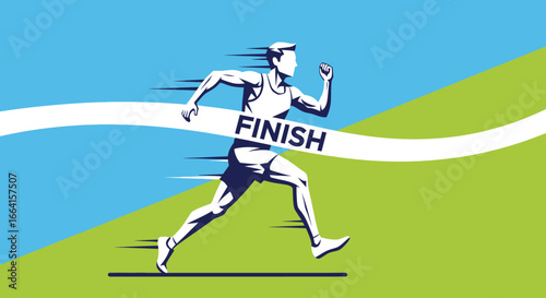 Runner crossing finish line, achieving victory, speed, determination, athleticism.