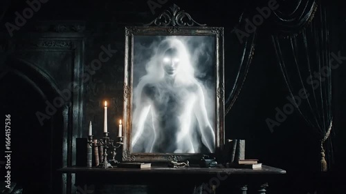 A ghostly figure reflected in an ornate mirror, within a dark, antique room.