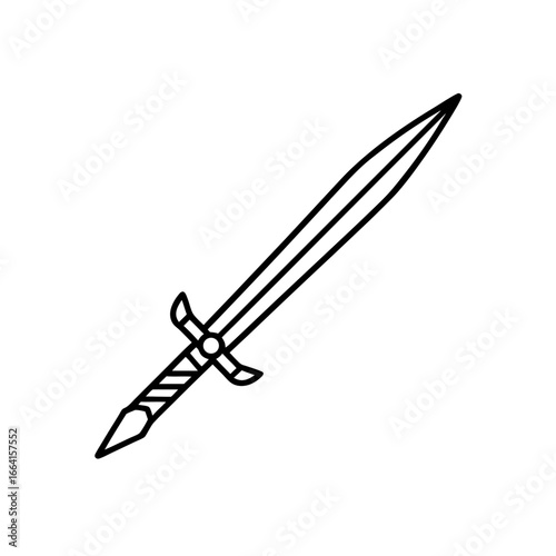 Isolated black outline drawing of a fantasy style sword design on transparent background