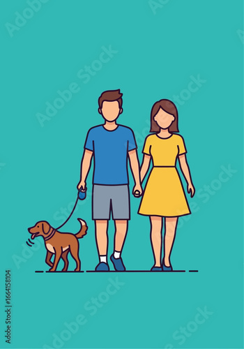 A couple walking their dog, holding hands, enjoying a leisurely stroll.