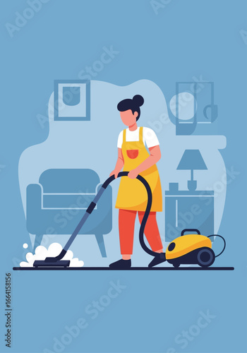 Woman vacuuming living room floor, cleaning home, domestic chores, housework illustration.