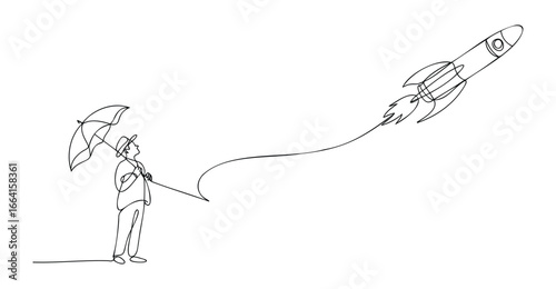 Continuous line drawing of businessman holding umbrella attached to flying rocket, symbolizing innovation, ambition, and unconventional success