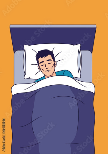 Top-down vector illustration of a young man sleeping peacefully in bed, enjoying a good night's rest and a healthy sleep cycle