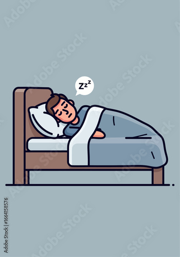 Illustration of a man sleeping soundly in a bed, covered with a blanket, a "zzz" bubble above his head.