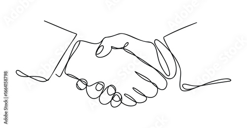 Continuous line drawing of two hands shaking in agreement, symbolizing partnership, trust, business deal, and mutual cooperation