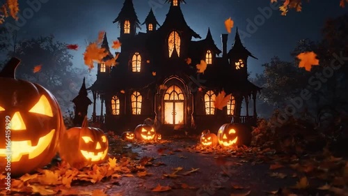Illuminated Halloween castle with jack-o'-lanterns on a path in autumnal foliage.