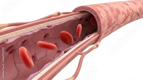 A detailed 3D medical illustration showing a cross-section of a blood vessel with red blood cells flowing through it.