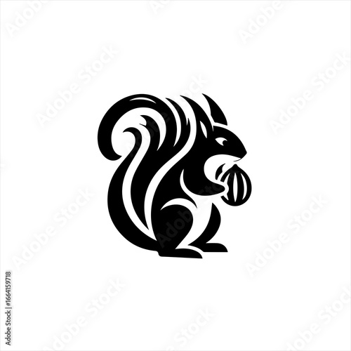 Stylized black squirrel holding a nut logo design