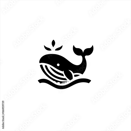 Stylized black whale spouting water on a white background