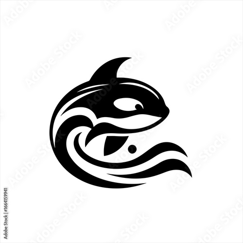 Stylized orca killer whale and wave logo design