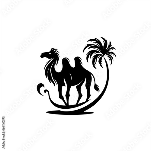 Stylized black silhouette of a camel and palm tree