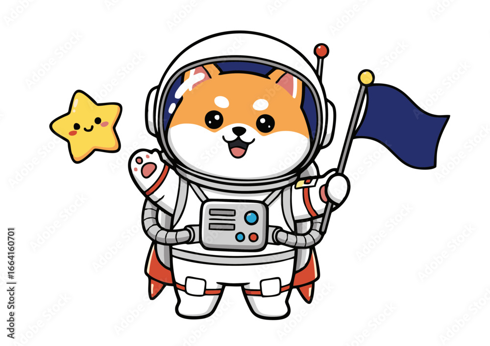 Fototapeta premium Adorable kawaii Shiba Inu dog character wearing an astronaut suit, happily holding a flag for a space mission illustration