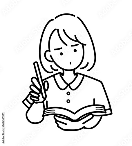 勉強をする看護師のイラスト　線画のみ