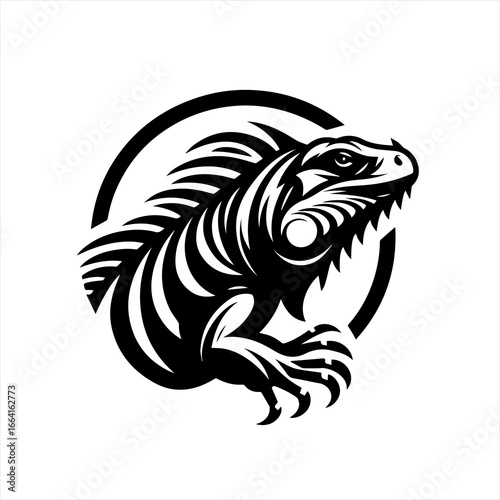 Stylized black and white iguana emblem in circle
