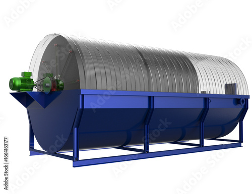 High-Efficiency Industrial Magnetic Drum Separator. Advanced 3D render of robust mineral processing equipment, vital for material handling, recycling, and waste management in industrial plants.