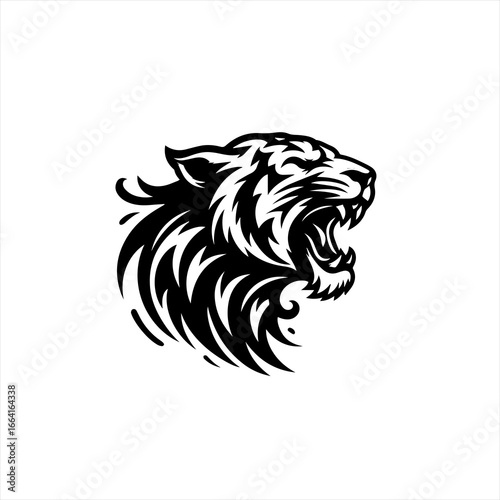 Fierce black and white tiger head roaring aggressively