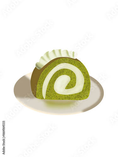 A vibrant illustration of a slice of matcha green tea roll cake, also known as a Swiss roll, featuring a rich green cake layer spiraled with a creamy white filling. 