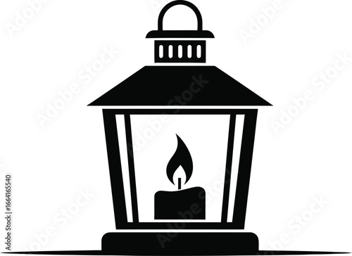 Minimalist lantern with candle flame on a dark, conceptual representation
