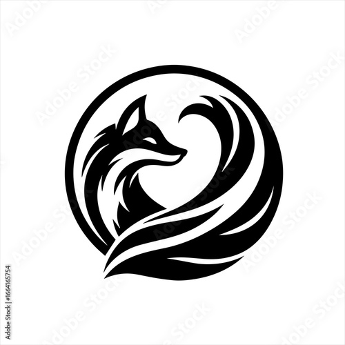 Stylized black fox logo design within a circle