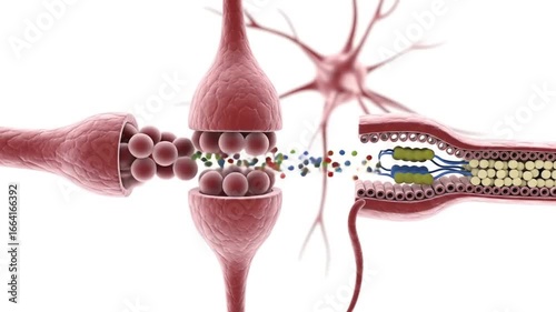 Illustration of a synapse showing neurotransmitters being released from a neuron.