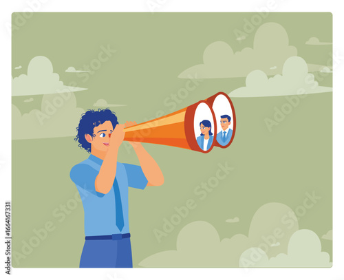 Searching for candidate concept. Businessman HR look through binoculars to find candidate people.