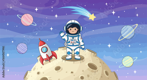 Adorable astronaut waving hello amidst planets and stars in cartoon space adventure for kids