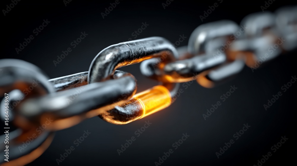 Fototapeta premium Metal chain with one glowing link against a dark backdrop