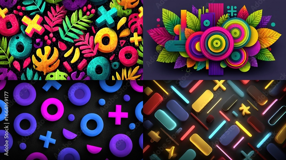 Fototapeta premium A vibrant collage of four digital illustrations featuring bold geometric shapes, tropical leaves, and a playful mix of colors and textures in a dark background, 