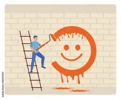 Happiness and positive thinking. Man Painting Smiley Face on Wall.