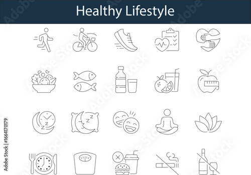 Healthy Lifestyle Thin Line Icons Set Wellness and Fitness Vector Illustration