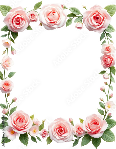 elegant watercolor floral frame with pink roses and green leaves, isolated on transparent background. Perfect for wedding, invitation, and romantic design.