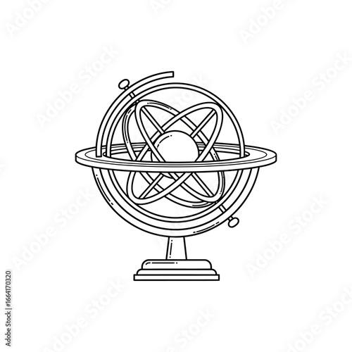 Intricate armillary sphere a vintage astronomical instrument showcasing scientific exploration in a detailed line art illustration ideal for educational material and history websites.